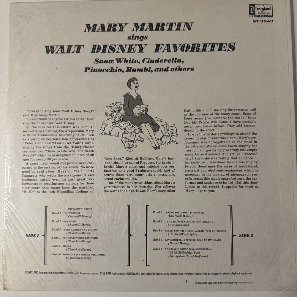 Disney 1966 Mary Martin Sings Walt Disney Favorites 33 1/3 SEALED 3943 - Picture 6 of 16
